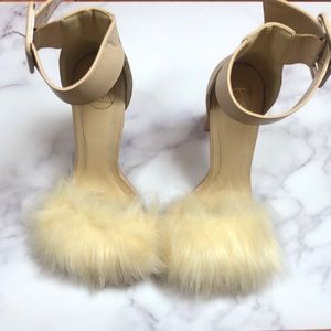 Nude Fur Chunky Heels
